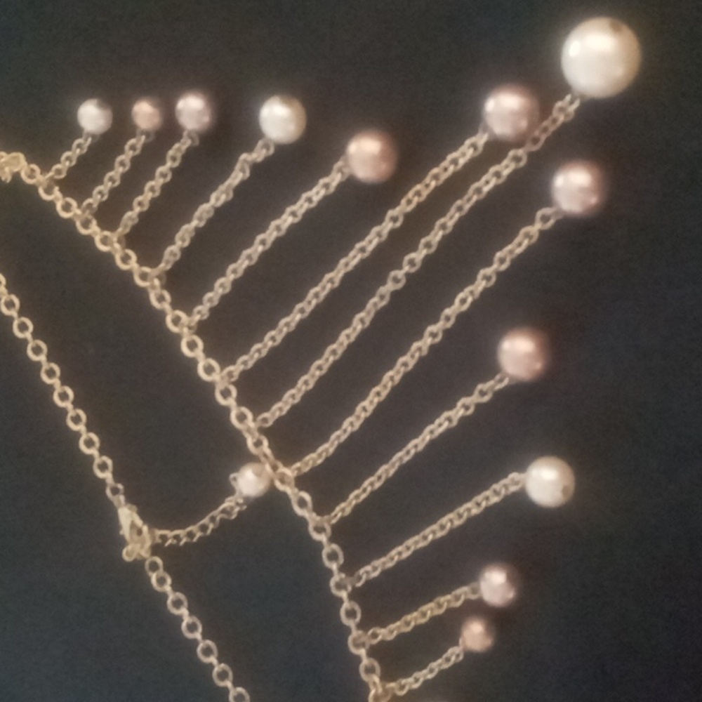 Pearl drop bib necklace 16 +2 in. Long pink and white faux Pearl on rolo chain